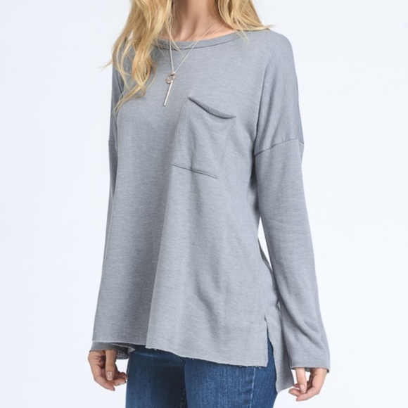 LAST Blue French Terry Long Sleeve Pocket Top - Picture 6 of 8